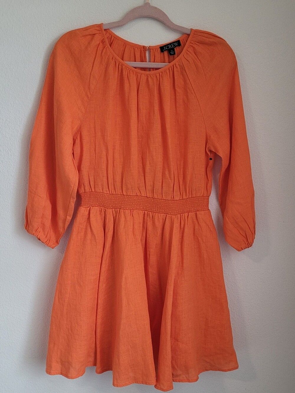 J.Crew Orange 100% Linen Smocked Waist Mini Dress Sz XS Pockets Resortwear Beach
